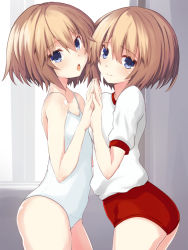 Rule 34 | bare shoulders, blanc, blue eyes, breasts, brown hair, confused, holding hands, iwashi dorobou -r-, neptune (series), open mouth, shirt, short hair, shorts, small breasts, smile, surprised, swimsuit, thighs