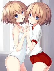 bare_shoulders blanc blue_eyes breasts brown_hair confused holding_hands iwashi_dorobou_-r- neptune_(series) open_mouth shirt short_hair shorts small_breasts smile surprised swimsuit thighs