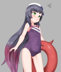 Rule 34 | 1girl, absurdres, abyssal ship, black hair, casual one-piece swimsuit, cowboy shot, dated, enemy lifebuoy (kancolle), flat chest, gradient hair, green eyes, grey background, hat, highres, kantai collection, licking, long hair, maru (marg0613), matsuwa (kancolle), multicolored hair, one-hour drawing challenge, one-piece swimsuit, purple hair, simple background, solo, standing, striped clothes, striped one-piece swimsuit, swimsuit, tongue, tongue out, twitter username, white hat