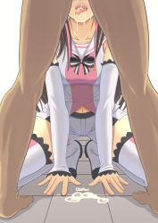 Rule 34 | 1boy, 1girl, absurdres, arm support, bad id, bad pixiv id, barefoot, boots, collarbone, cum, cum in mouth, cum on floor, detached sleeves, fellatio, hetero, highres, kizuna ai, kizuna ai inc., long sleeves, midriff, navel, oral, sailor collar, shirt, short shorts, shorts, sinyadaze, sleeveless, sleeveless shirt, squatting, standing, stomach, thigh boots, thighhighs, tongue, tongue out, virtual youtuber, white background, white footwear, white sailor collar, white shorts, white sleeves, zettai ryouiki