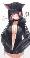 Rule 34 | 1girl, animal ears, doodle sensei (blue archive), black choker, black hair, black jacket, blue archive, blush, breasts, cat ears, center opening, choker, clenched teeth, colored inner hair, drawstring, highres, hood, hooded jacket, horn/wood, jacket, kazusa (blue archive), long sleeves, looking at viewer, medium breasts, multicolored hair, navel, pink eyes, pink hair, sensei (blue archive), short hair, sweat, teeth, thighs, two-tone hair