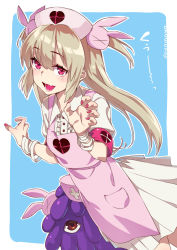 Rule 34 | 1girl, apron, blush, center frills, collared shirt, fang, fingernails, frills, hair ornament, hat, heart, light brown hair, long hair, looking at viewer, nail polish, natori sana, nurse cap, open mouth, outline, pink apron, pink hat, puffy short sleeves, puffy sleeves, red eyes, red nails, sana channel, shirt, short sleeves, solo, super zombie, twitter username, two side up, virtual youtuber, white outline