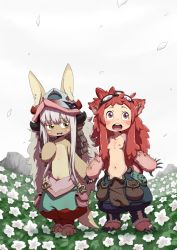 Rule 34 | 2girls, :3, alternate universe, breasts, flower, furry, goggles, goggles on head, holding hands, helmet, highres, long hair, made in abyss, mitty (made in abyss), mitty (made in abyss) (furry), multiple girls, nanachi (made in abyss), nipples, red eyes, red hair, short hair with long locks, small breasts, topless, uchuu ika, whiskers, white hair, yellow eyes