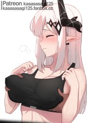 Rule 34 | 1girl, arknights, artist name, bare arms, bare shoulders, blush, grabbing another&#039;s breast, breasts, cleavage, closed eyes, closed mouth, collarbone, covered erect nipples, disembodied limb, earrings, frown, grabbing, grabbing from behind, groping, hair ornament, heavy breathing, highres, horns, jewelry, kasasasagi, large breasts, long hair, mudrock (arknights), pointy ears, sidelocks, silver hair, simple background, solo focus, sports bra, sweat, upper body, white background