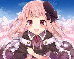 Rule 34 | 1girl, :d, bad id, bad pixiv id, blue sky, blush, bow, brown bow, brown capelet, brown hat, brown shirt, brown skirt, capelet, cloud, commentary request, day, frilled skirt, frills, hair bow, hair ornament, hat, long hair, looking at viewer, magia record: mahou shoujo madoka magica gaiden, mahou shoujo madoka magica, mini hat, open mouth, outdoors, pink hair, shikino (sikinonono), shirt, short sleeves, skirt, sky, smile, solo, tamaki ui, tilted headwear
