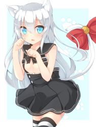 Rule 34 | 10s, alternate costume, aqua eyes, bare shoulders, black dress, blush, bow, cowboy shot, dress, hibiki (kancolle), highres, kantai collection, kemonomimi mode, long hair, looking at viewer, no bra, no headwear, open mouth, paw pose, rateratte, red bow, sailor collar, solo, striped clothes, striped thighhighs, tail, tail bow, tail ornament, thighhighs, white hair