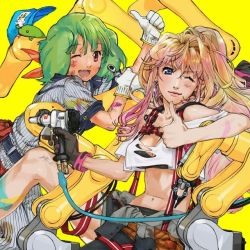 Rule 34 | 2girls, baseball cap, blonde hair, blue eyes, breasts, costume, earrings, fang, green hair, hat, jewelry, jumpsuit, legs, lipstick, long hair, machinery, macross, macross frontier, makeup, medium breasts, midriff, mita chisato, multicolored hair, multiple girls, nail gun, navel, official art, one eye closed, open mouth, pink lips, ranka lee, red eyes, ribbon, sheryl nome, suspenders, thumbs up, torn clothes, two-tone hair, wrench