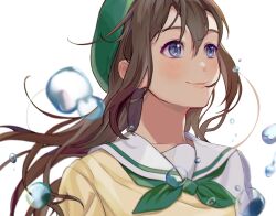 Rule 34 | 1girl, beret, blue eyes, blush, book the star, bow, brown hair, closed mouth, commentary request, green hat, green neckerchief, hat, highres, long hair, love live!, love live! nijigasaki high school idol club, neckerchief, osaka shizuku, sailor collar, simple background, smile, solo, water drop, white background, white sailor collar