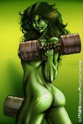 Rule 34 | 1girl, ass, colored skin, comic, cowboy shot, dumbbell, female focus, fingerless gloves, gloves, gradient background, green eyes, green hair, green lips, green skin, green theme, long hair, looking at viewer, looking back, marvel, matching hair/eyes, muscular, nude, parted lips, she-hulk, solo, sweat, weights