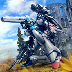 Rule 34 | clenched hand, cloud, green eyes, gun, gundam, highres, hiropon (tasogare no puu), holding, holding gun, holding weapon, kneeling, mecha, mobile suit, on one knee, photo background, robot, ruins, science, science fiction, shoulder cannon, sky, solo, v gundam, victory gundam, weapon