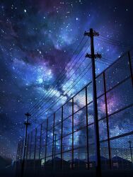 Rule 34 | absurdres, building, chain-link fence, commentary request, fence, highres, house, milky way, nebula, night, night sky, no humans, original, outdoors, power lines, scenery, sky, sky focus, smile (qd4nsvik), star (sky), starry sky, urban, utility pole