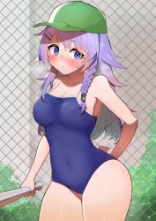 Rule 34 | 1girl, baseball bat, baseball cap, blue eyes, blue hair, blush, breasts, breath, cleavage, clothes pull, colored inner hair, covered navel, green hat, hat, holding, holding baseball bat, karin (a62826704), long hair, looking to the side, medium breasts, multicolored hair, nijisanji, nijisanji kr, nun bora, one-piece swimsuit pull, purple hair, school swimsuit, shaded face, solo, sweat, swimsuit, virtual youtuber