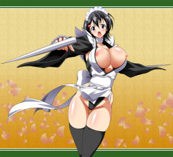 Rule 34 | 1girl, apron, black hair, black thighhighs, blade, blue eyes, blush, breasts, breasts out, butterfly swords, choker, cleavage, hair ornament, hairclip, highleg, highleg leotard, holding, holding weapon, iroha (samurai spirits), large breasts, leotard, leotard under clothes, maid headdress, nipple slip, nipples, open mouth, panties, raven (artist), samurai spirits, short hair, snk, solo, strapless, strapless leotard, surprised, thighhighs, thong leotard, underwear, weapon, wide hips