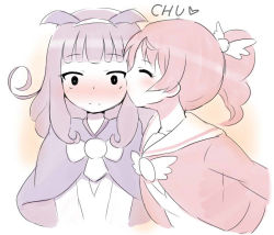 Rule 34 | 2girls, blush, child, closed eyes, closed mouth, eyebrows, female focus, full-face blush, gradient background, hair ornament, heart, kiss, kissing cheek, long hair, multiple girls, partially colored, pink hair, ponytail, pretty series, pripara, shiratama mikan, upper body, white background, yurarin