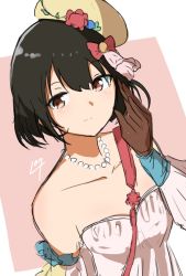Rule 34 | 1girl, bare shoulders, beret, black hair, blush, bow, closed mouth, collarbone, dress, gekijouban hibike! euphonium, gloves, hair bow, hand up, hat, hibike! euphonium, hisaishi kanade, jewelry, looking at viewer, lulu meme, necklace, off-shoulder dress, off shoulder, pearl necklace, red bow, red eyes, short hair, smile, solo, white dress, yellow hat