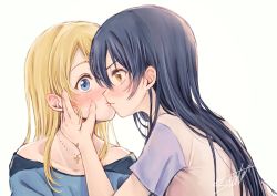 Rule 34 | 2girls, ayase eli, blonde hair, blue eyes, blue hair, blush, commentary request, eye contact, face-to-face, hand on another&#039;s cheek, hand on another&#039;s face, kiss, long hair, looking at another, love live!, love live! school idol project, multiple girls, signature, simple background, sonoda umi, suito, white background, yellow eyes, yuri