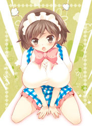 Rule 34 | 1girl, alternate breast size, alternate costume, angry, apron, between thighs, blush, bow, breasts, brown eyes, brown hair, huge breasts, kami nomi zo shiru sekai, large breasts, maid headdress, open mouth, pleated skirt, shinogi k, shirt, sitting, skirt, solo, takahara ayumi, taut clothes, taut shirt, thighs, waitress