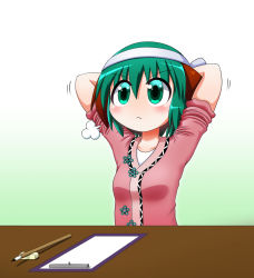 Rule 34 | 1girl, puff of air, animal ears, arms behind head, blush, breasts, brush rest, calligraphy brush, clipboard, commentary request, gradient background, green background, green eyes, green hair, hachimaki, hair between eyes, headband, highres, kasodani kyouko, light blush, light frown, looking to the side, motion lines, paintbrush, pink shirt, rakugaki-biyori, serious, shirt, short hair, short sleeves, sleeves pushed up, small breasts, solo, table, touhou, tying headband