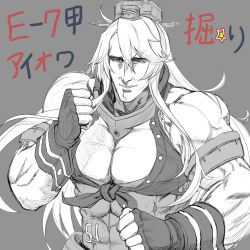 Rule 34 | 1boy, abs, character name, fingerless gloves, gloves, grey background, grin, hair between eyes, headgear, hokuto no ken, iowa (kancolle), kantai collection, kyou (tr-6), long hair, male focus, muscular, parody, sidelocks, simple background, smile, solo, style parody, upper body