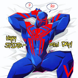 Rule 34 | 1boy, ?, animal print, arms up, bara, blue bodysuit, bodysuit, bulge, english text, feet out of frame, from above, highres, lying, male focus, marvel, muscular, muscular male, on back, on bed, print bodysuit, red bodysuit, solo, spider-man: across the spider-verse, spider-man (2099), spider-man (series), spider-verse, spider print, spoken question mark, spread legs, thighs, two-tone bodysuit, v-taper, volflamm