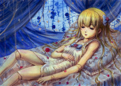 Rule 34 | 00s, 1girl, bad id, bad pixiv id, bed, blonde hair, blue eyes, bow, breasts, doll joints, dress, hair bow, joints, long hair, lying, nipples, pillow, rozen maiden, see-through, shinku, small breasts, solo, tafuto, twintails, very long hair