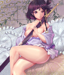 Rule 34 | 1girl, bare shoulders, between breasts, breasts, cleavage, collarbone, harihisa, hexagon, highres, large breasts, crossed legs, magi the labyrinth of magic, off shoulder, purple eyes, purple hair, sheath, sheathed, short hair, solo, sword, thighs, toto (magi), weapon