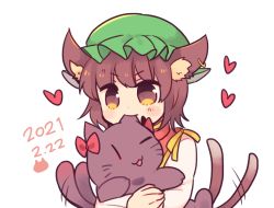 Rule 34 | 1girl, ;3, ;d, animal, animal ear fluff, animal ears, biting, blush stickers, brown eyes, brown hair, cat, cat ears, cat tail, chen, dated, dress, ear biting, earrings, gold trim, hat, heart, holding, holding animal, holding cat, jewelry, kaenbyou rin, kaenbyou rin (cat), mob cap, multiple tails, nakukoroni, nekomata, one eye closed, open mouth, red dress, single earring, smile, solo, tail, touhou, two tails, v-shaped eyebrows