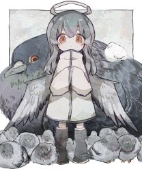 Rule 34 | 1girl, angel, angel wings, animal, bird, black footwear, black hair, blunt ends, boots, border, closed mouth, coat, commentary, feathered wings, full body, grey background, grey coat, grey wings, halo, hands in opposite sleeves, hands up, high collar, highres, knee boots, long hair, long sleeves, looking at viewer, orange eyes, original, outside border, oversized animal, pigeon, solo, soresaki, standing, straight-on, too many, too many birds, white border, wide sleeves, wings