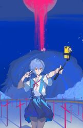 Rule 34 | 1girl, 3others, absurdres, ayanami rei, bare legs, blue hair, blue skirt, cellphone, character doll, chinese commentary, commentary, cowboy shot, cross, dust cloud, full moon, grave, hair between eyes, hands up, highres, ikari shinji, lilith (evangelion), mass grave, moon, multiple others, neck ribbon, neon genesis evangelion, night, night sky, phone, pleated skirt, pout, red eyes, red moon, red ribbon, ribbon, school uniform, selfie, selfie stick, shirt, short hair, short sleeves, skirt, sky, smartphone, solo focus, suspender skirt, suspenders, tokyo-3 middle school uniform, v, white shirt, wide sleeves, xe367