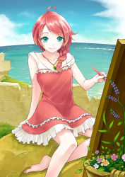 Rule 34 | 1girl, ahoge, bare arms, bare shoulders, barefoot, braid, breasts, canvas (object), cloud, cloudy sky, collarbone, day, dress, flower, green eyes, hair over shoulder, highres, holding, jewelry, long hair, looking at viewer, necklace, ocean, off shoulder, pendant, red hair, short hair, single braid, sky, sleeveless, solo, water