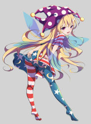 Rule 34 | 1girl, american flag dress, american flag legwear, ass, blonde hair, blush, clownpiece, dress, eyebrows hidden by hair, fairy wings, full body, grey background, hat, highres, holding, holding torch, jester cap, long hair, looking at viewer, looking back, neck ruff, open mouth, pantyhose, polka dot, polka dot background, purple hat, red eyes, short sleeves, simple background, smile, solo, star (symbol), star print, striped clothes, striped dress, striped pantyhose, sweatdrop, torch, touhou, wings, yamanakaume