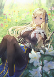 Rule 34 | 1girl, armpit cutout, blonde hair, blue eyes, blurry, blurry foreground, blush, breasts, breasts apart, clothing cutout, covered navel, flower, gauntlets, grass, hair ornament, hair ribbon, highres, lily (flower), long hair, lying, medium breasts, on back, open mouth, original, outdoors, ribbon, shouhei, solo, swept bangs, very long hair, white flower