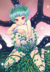 Rule 34 | 1girl, absurdres, armlet, bad id, bad pixiv id, barefoot, blush, female focus, green hair, highres, jewelry, leaf, lips, mahito, nature, original, pink eyes, plant, ring, short hair, solo, orb, tiara