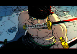 Rule 34 | 1boy, abs, bandana, feet out of frame, fighting stance, from above, green hair, looking at viewer, male focus, mouth hold, muscular, muscular male, one piece, pectorals, roronoa zoro, scar, scar across eye, scar on chest, short hair, sideburns, solo, taro (honyarara00), topless male, triple wielding, yellow eyes
