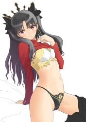 Rule 34 | 1girl, arm support, bare legs, black hair, black panties, black ribbon, black skirt, blush, bra, breasts, crown, earrings, fate/grand order, fate (series), female focus, hair ribbon, highres, hoop earrings, ishtar (fate), ishtar (fate), jewelry, legs, long hair, long sleeves, looking at viewer, midriff, navel, panties, red eyes, red sweater, removing skirt, revealing clothes, ribbon, skirt, small breasts, smile, solo, sweater, tohsaka rin, tony taka, turtleneck, two side up, type-moon, underwear, undressing, upshirt, white background