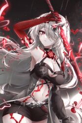 Rule 34 | 1girl, absurdres, acheron (honkai: star rail), arm up, armor, belt, black choker, black shorts, blood, bloody tears, body markings, breasts, choker, cleavage, electricity, flower, glowing, glowing weapon, hair ornament, hair over one eye, highres, holding, holding sword, holding weapon, honkai: star rail, honkai (series), katana, long hair, looking to the side, markings, navel, parted lips, petals, rain, red eyes, red flower, red petals, ryunbi, short shorts, shorts, shoulder armor, single bare shoulder, single sleeve, solo, sword, thighs, upper body, very long hair, weapon, white hair