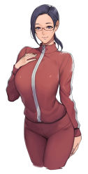 Rule 34 | 1girl, absurdres, breasts, closed mouth, cropped legs, demi-chan wa kataritai, glasses, hand on own chest, highres, large breasts, legs, light smile, long sleeves, looking at viewer, matching hair/eyes, oda non, ponytail, purple eyes, purple hair, red-framed eyewear, satou sakie, semi-rimless eyewear, shiny clothes, simple background, smile, solo, standing, thighs, track suit, white background, zipper