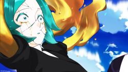 Rule 34 | 1other, androgynous, bad id, bad twitter id, blue sky, cloud, colored eyelashes, crack, crying, crying with eyes open, day, falling, gem uniform (houseki no kuni), genkou teifujou, gold, golden arms, green eyes, green hair, houseki no kuni, melting, necktie, phosphophyllite, short hair, sky, solo, spoilers, tears, wide-eyed