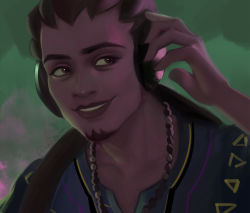 Rule 34 | 1boy, black hair, brown eyes, casual, chain, chain necklace, dark-skinned male, dark skin, facial hair, goatee, grin, headphones, highres, jewelry, lips, listening to music, liv emhoff, lucio (overwatch), male focus, necklace, nose, overwatch, overwatch 1, signature, smile, solo