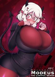 Rule 34 | 1girl, 2020, alternate breast size, black horns, black tail, blush, breasts, bursting breasts, curvy, dated, demon girl, demon horns, demon tail, dress, english text, hand on own chest, heart, heart-shaped eyes, heart-shaped pupils, helltaker, highres, horns, huge breasts, kyosuke fujiwara, lips, microdress, minidress, miniskirt, modeus (helltaker), pantyhose, pencil skirt, red background, red eyes, red sweater, shiny clothes, short hair, skin tight, skirt, solo focus, sweater, symbol-shaped pupils, tail, thighs, white hair, wide hips
