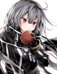 Rule 34 | 1girl, apple, black gloves, blush, duel monster, food, fruit, gloves, grey hair, highres, holding, kuromiko shoujo, long hair, long sleeves, military uniform, red eyes, scarf, simple background, sky striker ace - roze, solo, twintails, uniform, yu-gi-oh!