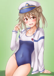 Rule 34 | 1girl, alternate costume, anti (untea9), blue one-piece swimsuit, blush, breasts, collarbone, cowboy shot, double bun, embarrassed, gradient background, green background, hair between eyes, hair bun, hat, high school fleet, highres, jacket, kantai collection, light brown hair, looking at viewer, michishio (kancolle), new school swimsuit, one-piece swimsuit, open clothes, open jacket, open mouth, peaked cap, school swimsuit, short twintails, sitting, small breasts, solo, swimsuit, swimsuit under clothes, twintails, twitter username, two-tone swimsuit, white one-piece swimsuit, yellow eyes