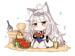 Rule 34 | 1girl, :t, ahoge, animal, animal ear fluff, animal ears, azur lane, bailingxiao jiu, bird, blue one-piece swimsuit, blush stickers, brown eyes, brown gloves, casual one-piece swimsuit, cat ears, cat girl, cat tail, chick, closed mouth, commentary request, cup, drink, drinking glass, eating, food, fruit, glint, gloves, head tilt, headpiece, holding, holding food, jacket, kemonomimi mode, long hair, long sleeves, one-piece swimsuit, puffy long sleeves, puffy sleeves, sand, silver hair, solo, swimsuit, tail, tail raised, very long hair, water drop, watermelon, white background, white jacket, z46 (azur lane), z46 (her first summer) (azur lane)