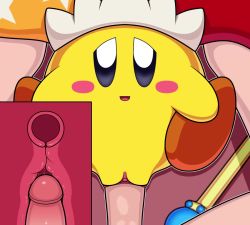 Rule 34 | 1boy, 1girl, alternate skin color, animated, blue eyes, blush, blush stickers, clitoral hood, clitoris, copy ability, face-to-face, happy, happy sex, hat, interspecies, kirby, kirby (series), looking at viewer, lying, missionary, nintendo, on back, open mouth, orange headwear, patterned clothing, penis, pussy, pussy juice, red background, red headwear, sex, size difference, solo focus, tareme, vaginal, wand, weapon, video, x-ray, zeamaeri