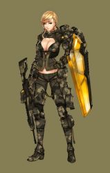 Rule 34 | 1girl, assault rifle, blonde hair, blue eyes, breasts, camouflage, camouflage gloves, camouflage pants, cleavage, full body, groin, gun, hand on own hip, highres, hood, hood down, large breasts, looking at viewer, pants, pouch, rifle, solo, standing, weapon, wei (kaminari0411), zipper