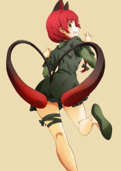 Rule 34 | 1girl, animal ears, braid, brown eyes, cat ears, cat girl, cat tail, dress, extra ears, female focus, highres, kaenbyou rin, kneepits, long hair, multiple tails, profile, red hair, simple background, smile, solo, suneo (goten), tail, touhou, twin braids, twintails