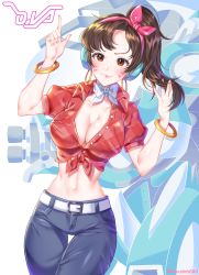 Rule 34 | 1girl, :3, bangle, belt, blouse, blue pants, bow, bracelet, breasts, brown eyes, brown hair, buttons, character name, choker, cleavage, collarbone, collared shirt, cowboy shot, cruiser d.va, d.va (overwatch), earrings, emblem, facepaint, facial mark, fang, fang out, front-tie top, hair ribbon, hairband, hand in own hair, headphones, highres, hoop earrings, index finger raised, jewelry, large breasts, long hair, looking at viewer, mecha, meka (overwatch), midriff, narrow waist, navel, no bra, official alternate costume, overwatch, overwatch 1, pants, pink ribbon, plaid, plaid shirt, ponytail, red shirt, ribbon, robot, ruffling hair, shirt, short sleeves, simple background, smile, solo, thigh gap, twitter username, ubi (ekdus6080), unbuttoned, unbuttoned shirt, unmoving pattern, whisker markings, white background, white bow, white choker