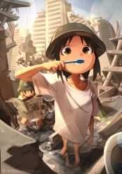 Rule 34 | 2girls, absurdres, barefoot, bird, black hair, blonde hair, blue eyes, blue sky, brodie helmet, brown eyes, brushing teeth, building, chito (shoujo shuumatsu ryokou), clothes pull, commentary, day, english commentary, english text, gun, harambe, helmet, highres, holding, holding newspaper, holding toothbrush, khyle., lens flare, long shirt, looking at viewer, low twintails, medium hair, combat helmet, multiple girls, newspaper, outdoors, pants, pants pull, patreon username, reading, real life, reflection, rifle, ruins, shirt, shoujo shuumatsu ryokou, sky, solo focus, standing, sunlight, t-shirt, toilet use, toothbrush, twintails, weapon, white shirt, yuuri (shoujo shuumatsu ryokou)