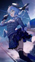 Rule 34 | 1girl, :d, alternate eye color, belt, beret, black choker, blue belt, blue hair, blue skirt, bracelet, breasts, choker, crown, dress, from below, from side, green eyes, hat, highres, holding, holding microphone, hololive, hoshimachi suisei, hoshimachi suisei (1st costume), jewelry, kainown, microphone, mini crown, night, night sky, open mouth, plaid, plaid dress, plaid headwear, shooting star, single thighhigh, skirt, sky, small breasts, smile, solo, star (sky), star (symbol), star in eye, starry sky, symbol in eye, thighhighs, thighs, virtual youtuber