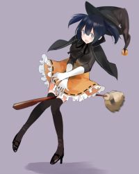 Rule 34 | 10s, 1girl, alternate costume, bad id, bad twitter id, black hair, black thighhighs, blue eyes, breasts, broom, broom riding, capelet, fujibejifu, full body, gloves, halloween, hat, high heels, kantai collection, purple background, short hair, solo, souryuu (kancolle), thighhighs, twintails, white gloves, witch hat